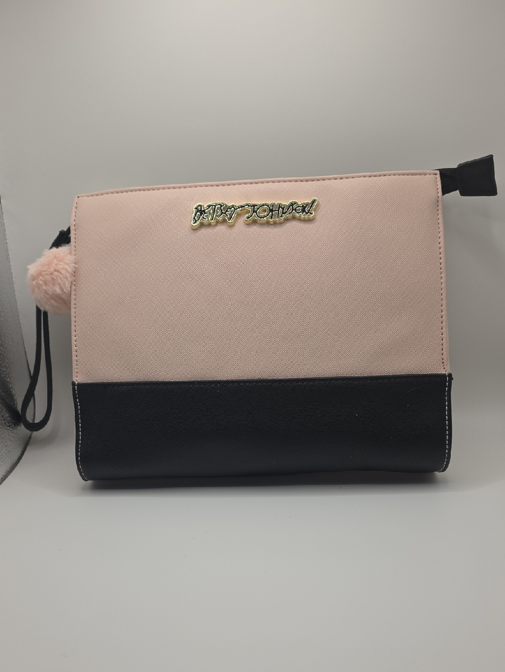 Betsey Johnson Pink and Black Colorblock Wristlet with Pom